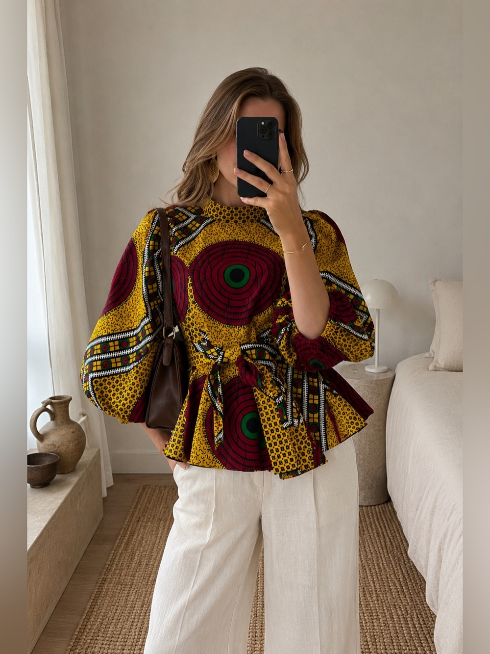 PaceSetter African Print Peplum Puff Sleeve Cotton Top Yellow Red M